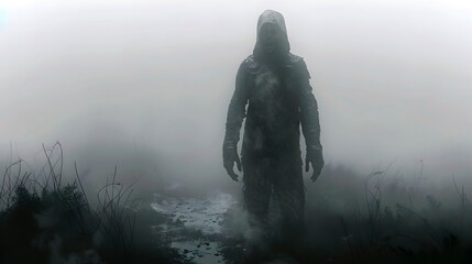 Eerie Apparition Emerging from the Fog:A Haunting Photographic Encounter with the Macabre - obrazy, fototapety, plakaty