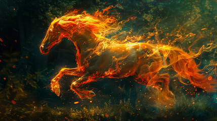 A fantastical depiction of a fiery horse galloping through an enchanted forest, its mane and body ablaze with ethereal flames