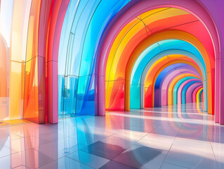 A modern architectural marvel showcasing a vibrant sequence of colorful transparent archways,...