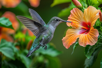 Naklejka premium A hummingbird in mid-flight feeding from a vibrant hibiscus flower, captured in stunning detail against a lush green backdrop