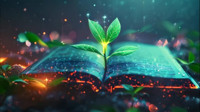 an open futuristic digital book with plants growing on it