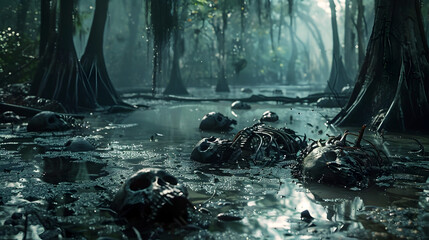 Eerie Critters Submerged in Murky Swamp Cinematic Scene - obrazy, fototapety, plakaty