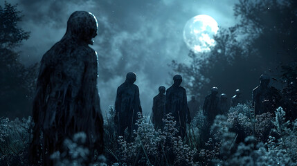 Eerie Ghouls Gathering in Moonlit Clearing,Unearthly Howls Piercing Silence of Night