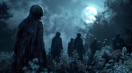 Fotobehang Eerie Ghouls Gathering in Moonlit Clearing,Unearthly Howls Piercing Silence of Night © lertsakwiman