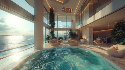 Massive living room in a penthouse with indoor pool, modern architecture. Generative AI. - obrazy, fototapety, plakaty