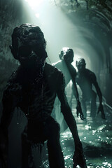 Obraz premium Emerging Ghastly Ghouls from the Depths of an Isolated Cave,Filling the Air with Dread in a Cinematic