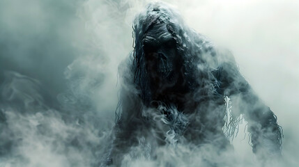 Emerging Ghoul Shrouded in Ominous Fog - Macabre Supernatural Entity Striking Fear in Cinematic Scene - obrazy, fototapety, plakaty