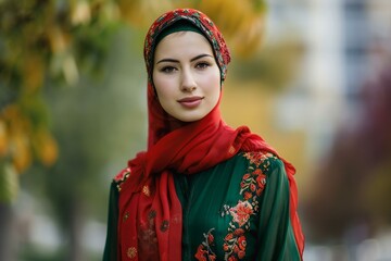Beautiful young muslim woman in traditional red headscarf - obrazy, fototapety, plakaty
