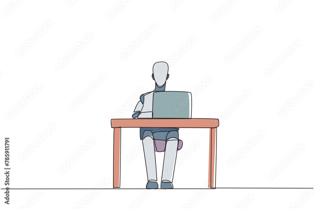Poster continuous one line drawing robot sitting typing on laptop computer. prepare important data to prese