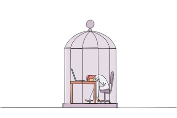 Single one line drawing Arabian businessman trapped in cage asleep on laptop. Tired of repetitive routines. The many deadlines require overtime every day. Continuous line design graphic illustration