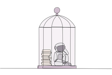 Continuous one line drawing astronaut trapped in the cage sitting down frustrated. Stress with piling up unfinished work until close to deadline. Exhausted. Single line draw design vector illustration
