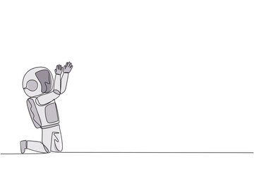 Continuous one line drawing astronaut kneeling raising hands to pray. Praying to make it easier to do business. Astronaut lost hope. Surrender. Sadness. Single line draw design vector illustration