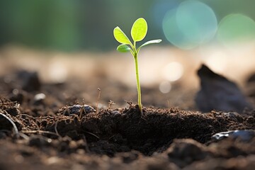 Germination: Close-up of a seedling emerging from the soil. - obrazy, fototapety, plakaty