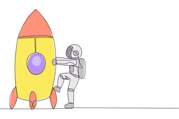 Single one line drawing astronaut and rocket. Get ready to ride rocket that will launch. Metaphors bring business success. Cosmonaut deep space. Spaceship. Continuous line design graphic illustration