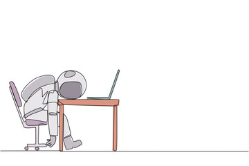 Continuous one line drawing astronaut fell asleep in front of a laptop computer. Fatigue running a business. Mental health problem. Exhausted and bored. Single line draw design vector illustration