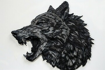 Black wolf head on a white background, close-up of photo