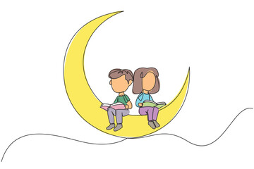 Single continuous line drawing kids sitting on crescent moon reading book. Metaphor of reading story before bed. Passionate about reading in any condition. Book festival. One line vector illustration - obrazy, fototapety, plakaty