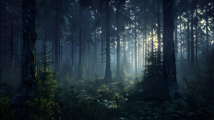 Ethereal Solace:Glimpsing the Primeval Essence of an Untamed Forest Landscape - obrazy, fototapety, plakaty