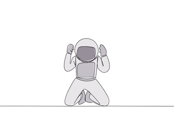 Single one line drawing young astronaut kneeling like praying. Lost hope. Businesses will bankrupt if fail to get bona fide clients. Gesture of surrender. Continuous line design graphic illustration