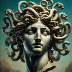 The Classic Depiction Of The Head Of The Gorgon Medusa From Ancient Mythology. A Gloomy Awesome Look Horror Fright.	