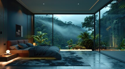Interior luxury jungle home bedroom with a view of a vast tropical forest on a dark stormy night. Generative AI.
