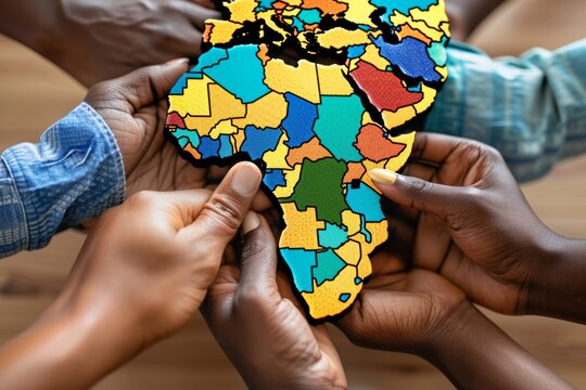 Hands of African children hold the African continent in their hands