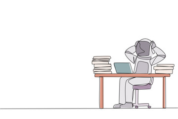 Fototapeta premium Single one line drawing young astronaut sitting on office chair. Curious to see stock price on a laptop screen that don't increase. Stressful astronaut. Continuous line design graphic illustration