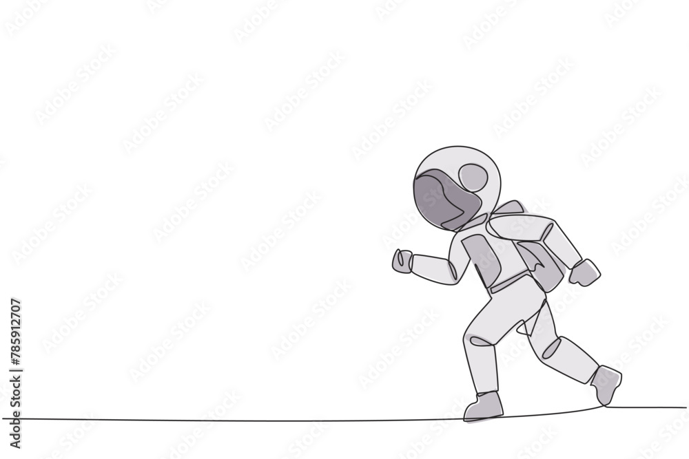 Sticker Continuous one line drawing young astronaut doing light exercise. Running aims to maintain heart health. Astronaut with healthy life style. Good mental. Single line draw design vector illustration