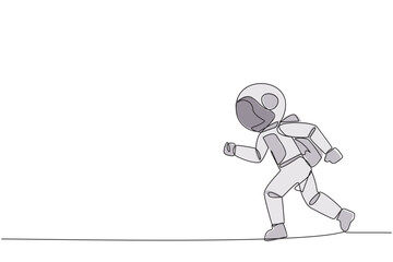 Continuous one line drawing young astronaut doing light exercise. Running aims to maintain heart health. Astronaut with healthy life style. Good mental. Single line draw design vector illustration - obrazy, fototapety, plakaty