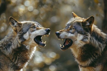 Two wolves fighting in the forest,  Wild animals in the nature