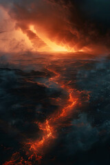 Fototapeta na wymiar Fiery Apocalyptic Landscape Engulfed in Scorching Inferno of Cataclysmic Devastation