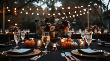 Fototapeta na wymiar Autumn outdoor dining setup with fairy lights, perfect for seasonal events and gatherings.