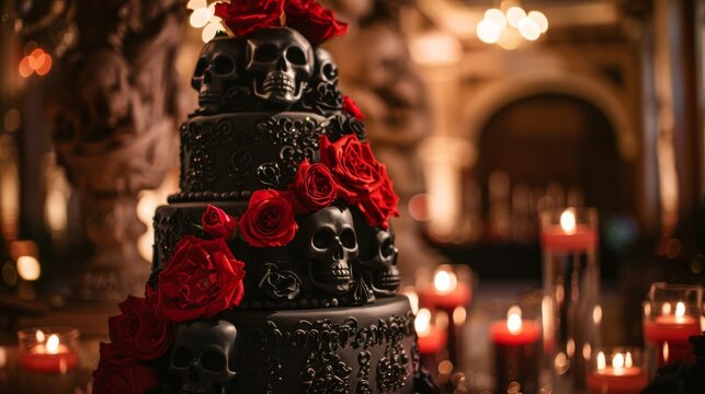 Gothic wedding cake with skulls and roses, suitable for themed events and celebrations.