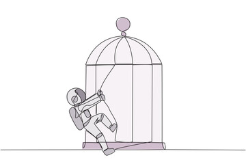 Single continuous line drawing young astronaut pull the iron bars until dented. Describes anger. The cosmonaut expressing disappointment. Unhappy. Exasperated. One line design vector illustration
