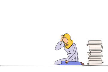 Single continuous line drawing Arabian businesswoman sitting near piles of work files. Too much work is stressful. Putting off work makes work neglected. Tired. One line design vector illustration