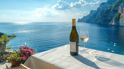 Bottle of wine on empty table with water view and coast in the distance, bright and sunny, overlooking water views. Generative AI.