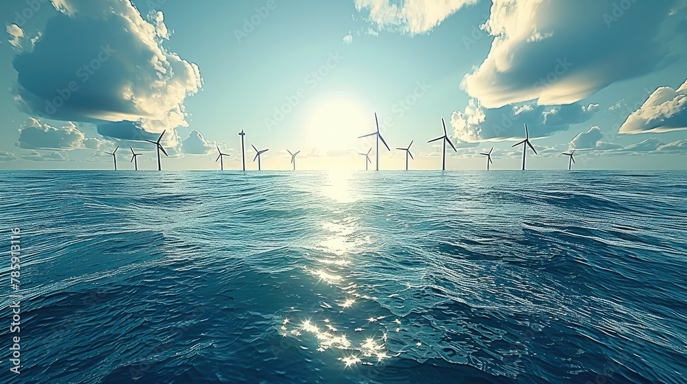 Poster a panoramic view of an ocean with wind turbines, representing the future of sustainable energy and g