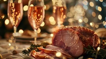 Elegant Christmas feast setting with ham and rosé, ideal for holiday dining or gourmet cuisine.