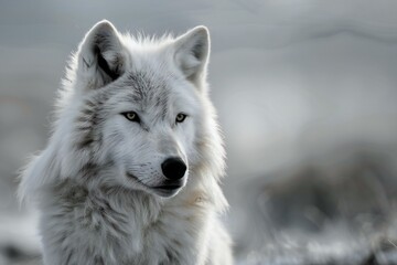Portrait of a white wolf on a background of the winter landscape - obrazy, fototapety, plakaty
