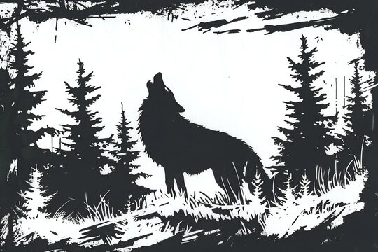 Black and white illustration of a wolf in the forest,  Vector image