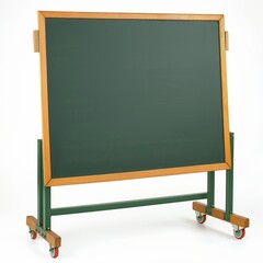 Empty green chalkboard with wood frame and wheels isolated on white, versatile for education concepts.