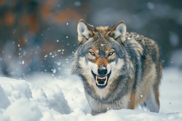 Wolf in the winter forest,  Beautiful wild animal in the nature habitat - obrazy, fototapety, plakaty