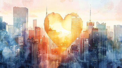 Romantic urban dawn with a heart overlay, suitable for couples' travel or city-based love stories.