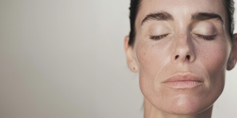Close-up of relaxed facial expression, suitable for wellness and meditative content. - obrazy, fototapety, plakaty