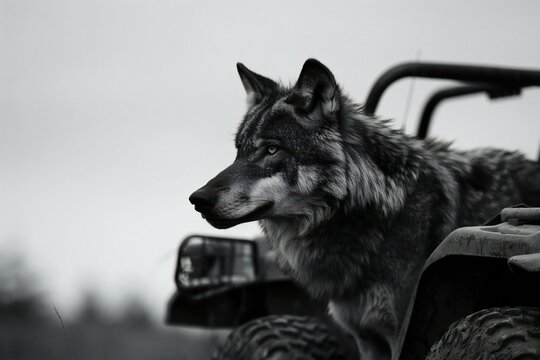 Black and white portrait of a wolf on an off-road vehicle