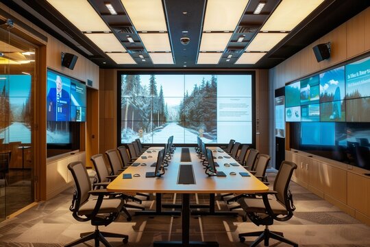 Modern conference room with integrated audio-visual system
