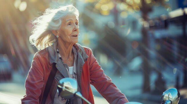 Joyful senior lady riding a scooter, ideal for content on retirement activities or urban mobility.