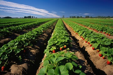 Strawberry Patch: Rows of strawberries growing in neat patches.