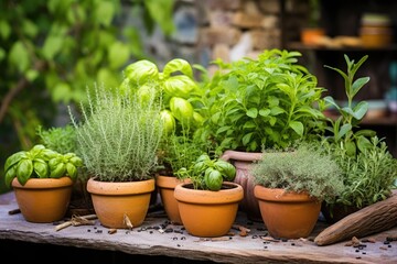 Herb Garden: Various herbs thriving in small pots.