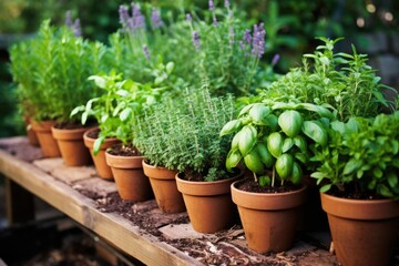Fototapeta na wymiar Herb Garden: Various herbs thriving in small pots.
